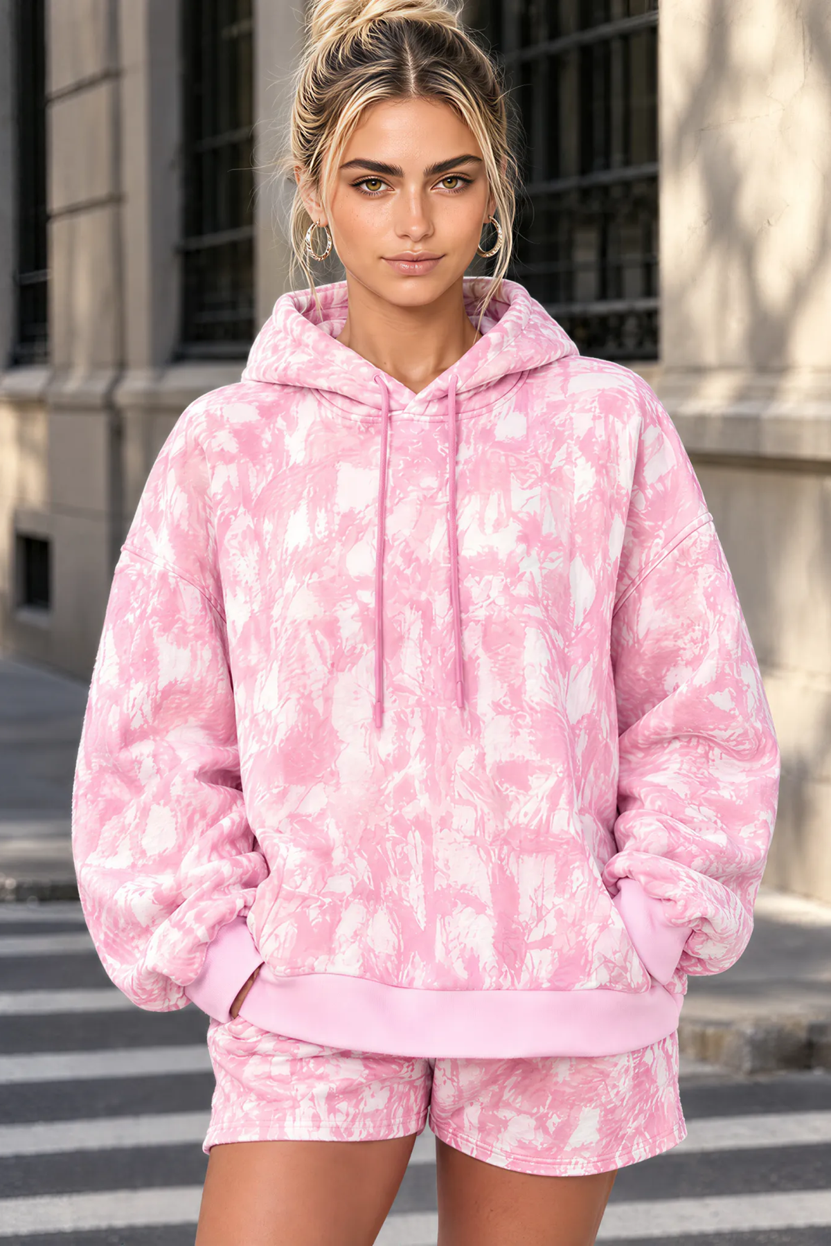 Women Spring Tie Dye Balloon Sleeve Hoodie Shorts Set