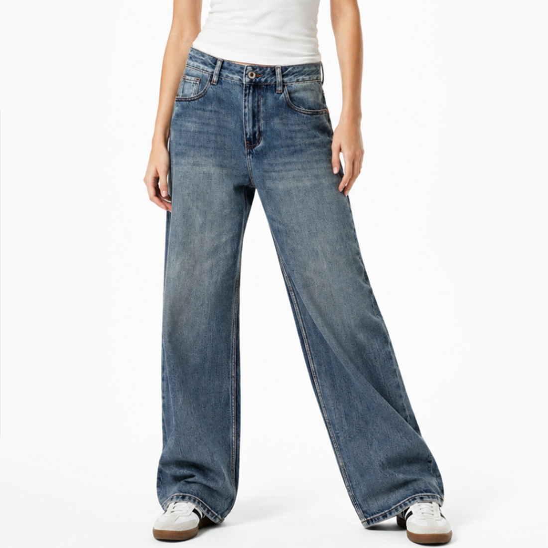 Women's 100% Cotton High Waist Wash Straight Leg Jeans
