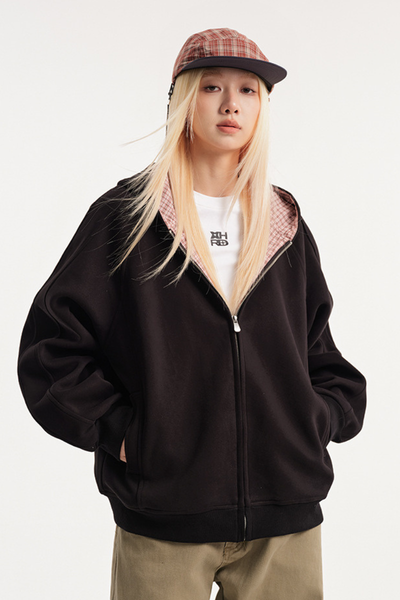 Unisex Fall Plaid Zip Hoodie American Retro Loose