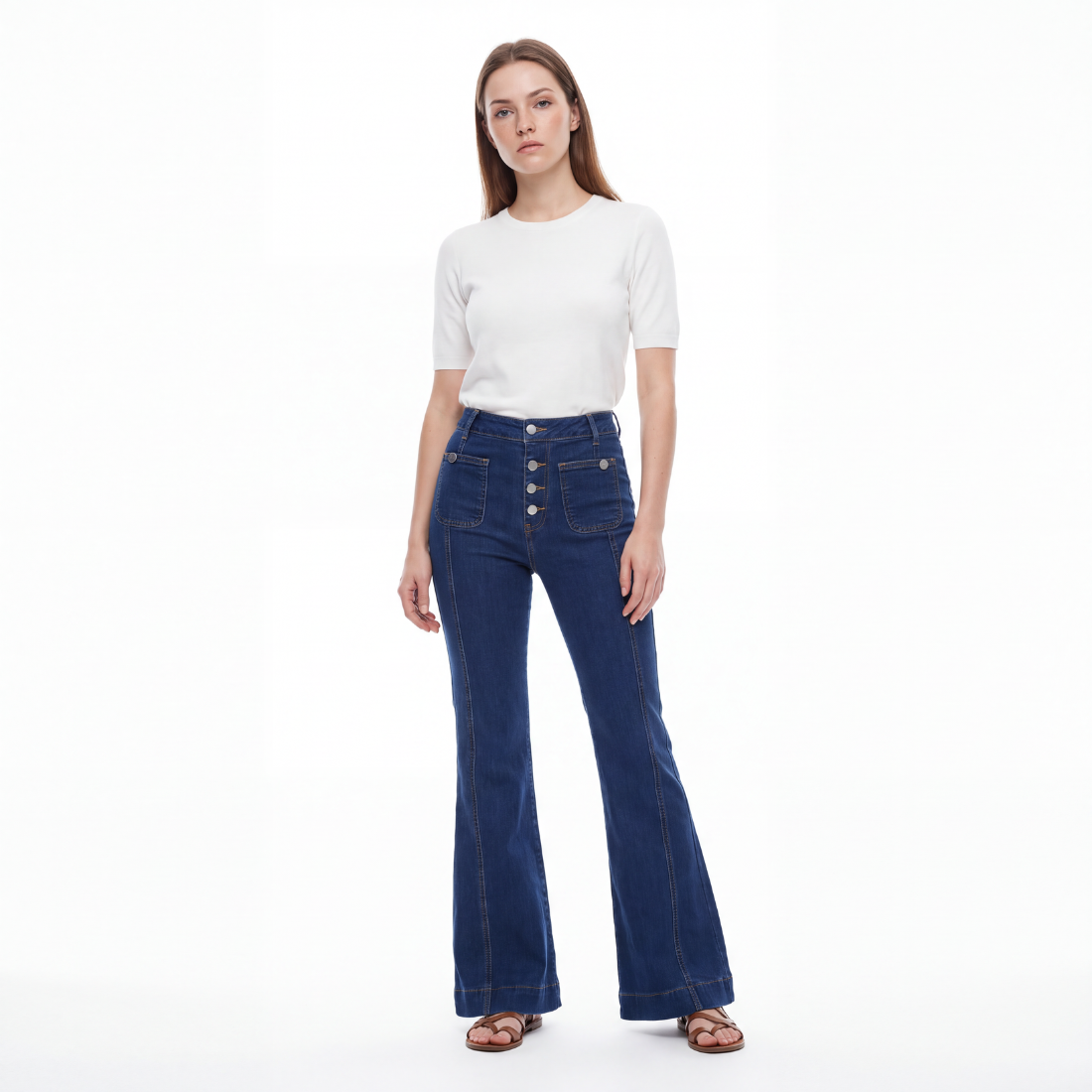 Women's High Waist Button Fly Stretch Flare Jeans