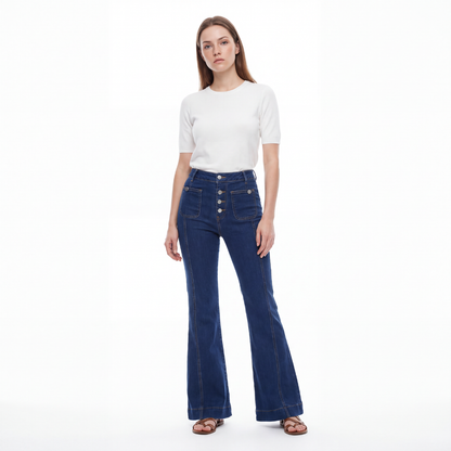 Women's High Waist Button Fly Stretch Flare Jeans
