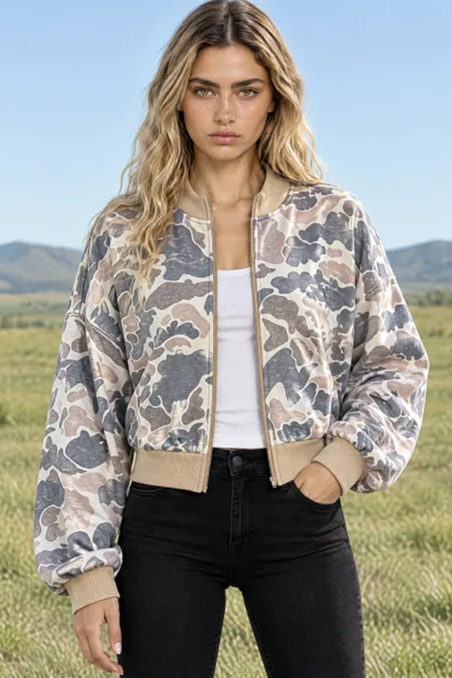 Women Fall Clothing Western Camo Zip Up Bomber Jacket