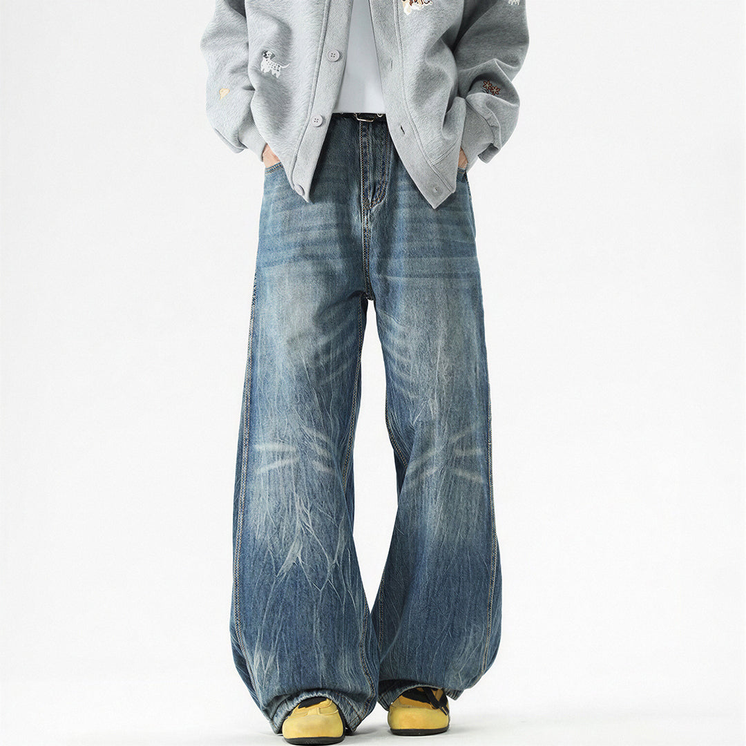 Men's Spring Vintage Whisker Baggy Wide Leg Denim Jeans