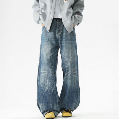 Men's Spring Vintage Whisker Baggy Wide Leg Denim Jeans