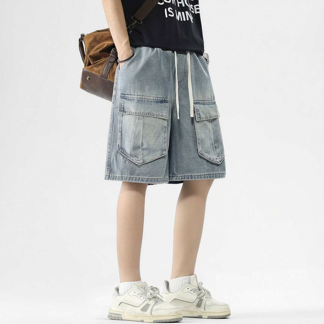 Men's Summer Light Wash Multi-Pocket Cargo Denim Shorts