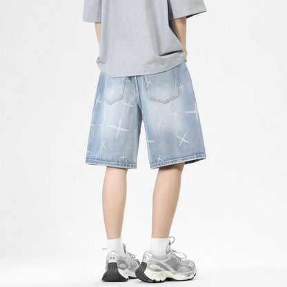 Men's Summer Cross Print Washed Baggy Denim Shorts