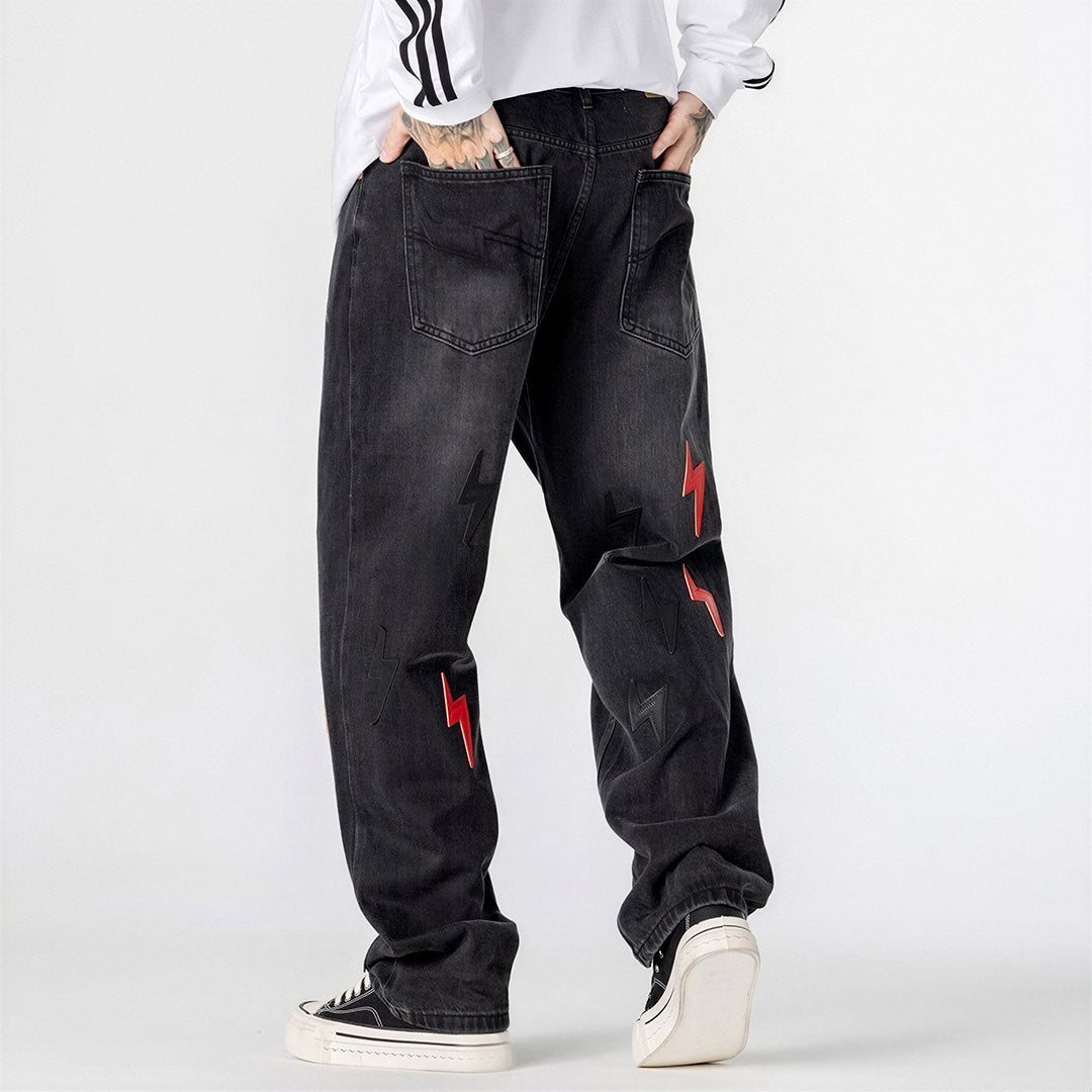 Men's Spring Washed Black Lightning Embroidery Jeans