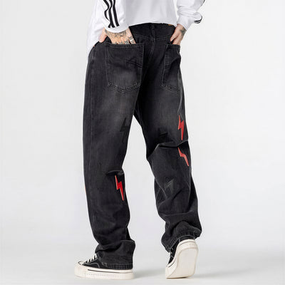 Men's Spring Washed Black Lightning Embroidery Jeans