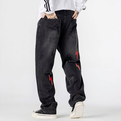 Men's Spring Washed Black Lightning Embroidery Jeans