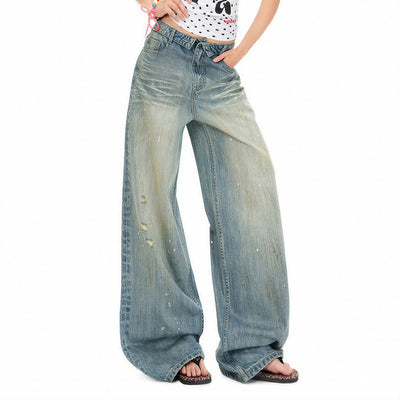 Women's Spring Distressed Splatter Wide-Leg Denim Jeans