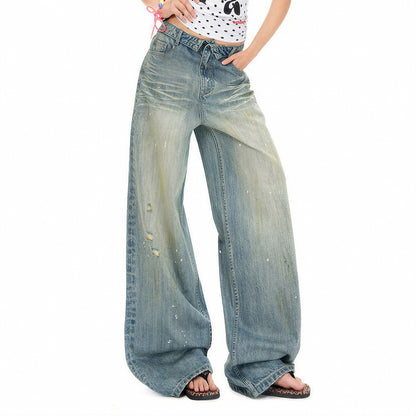 Women's Spring Distressed Splatter Wide-Leg Denim Jeans