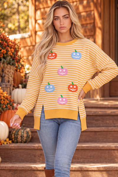 Women's Fall Halloween Striped Graphic Crew Sweatshirt