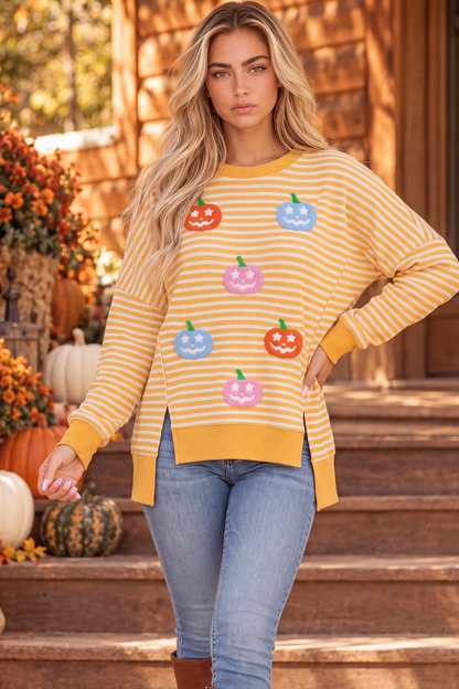 Women's Fall Halloween Striped Graphic Crew Sweatshirt