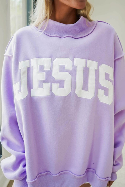Women Fall Oversized Letter Patch Mock Neck Sweatshirt
