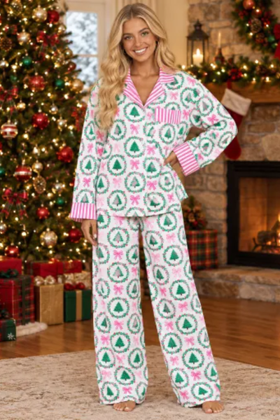 Women's Christmas Pink Striped Open Collar Pajama Set