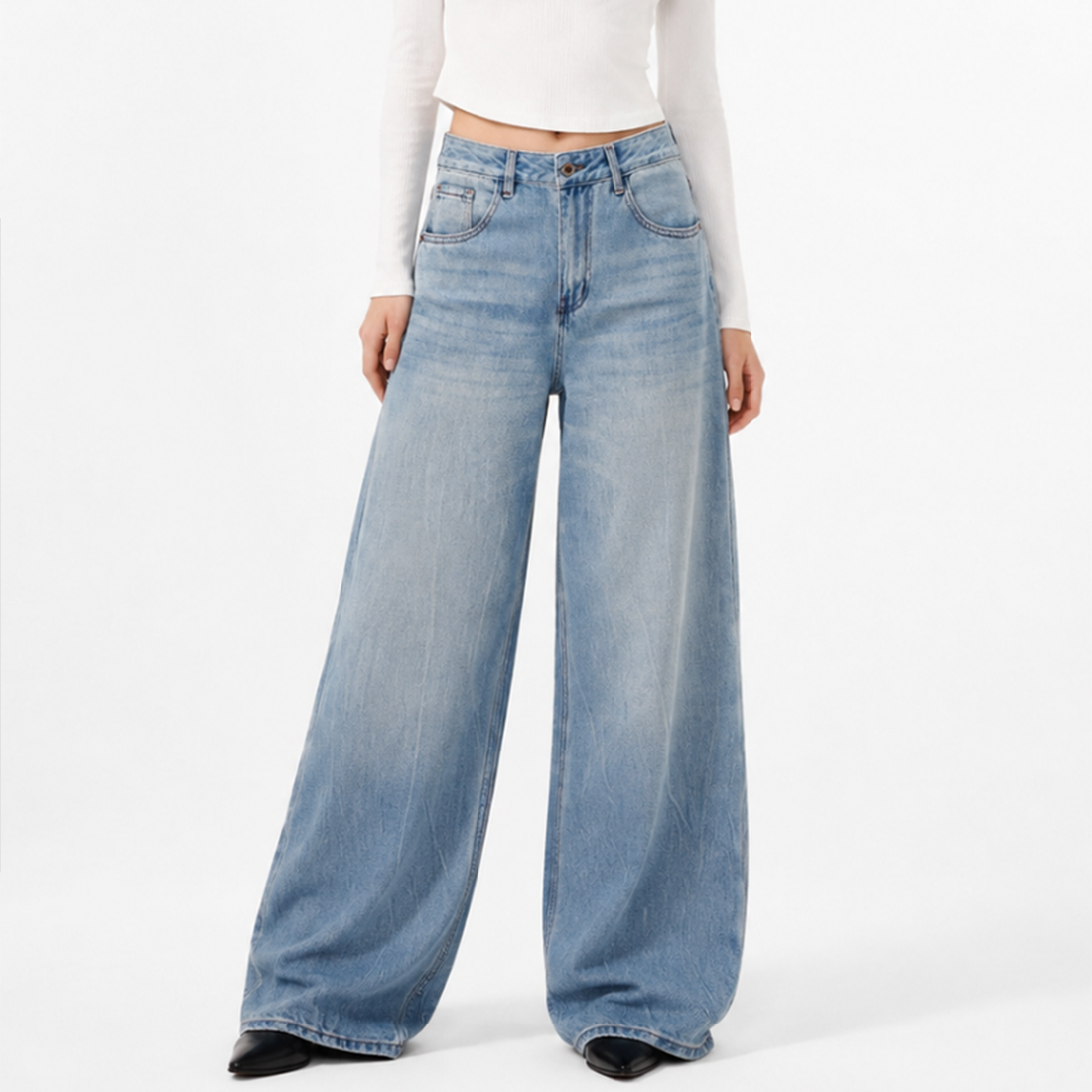Women's 100% Cotton High Waist Wash Wide Leg Jeans