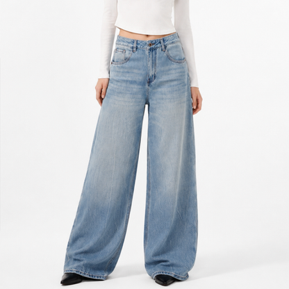 Women's 100% Cotton High Waist Wash Wide Leg Jeans
