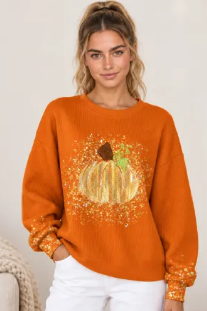 Women Fall Clothing Halloween Glitter Pumpkin Sweatshirt