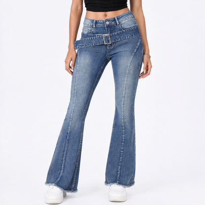 Women's High Waist Stretch Flare Jeans with Attached Belt