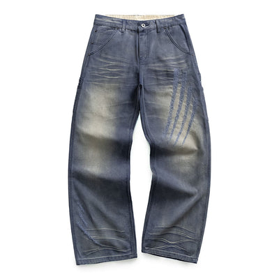Men's Spring Blue Gray Gradient Cat Whisker Denim Jeans