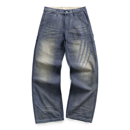 Men's Spring Blue Gray Gradient Cat Whisker Denim Jeans