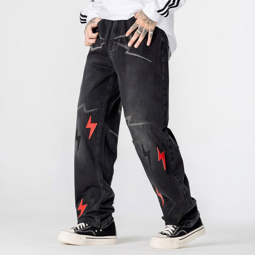 Men's Spring Washed Black Lightning Embroidery Jeans