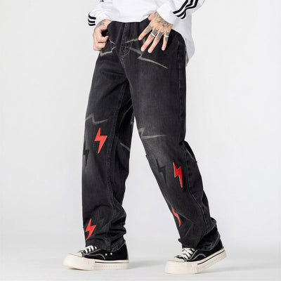 Men's Spring Washed Black Lightning Embroidery Jeans