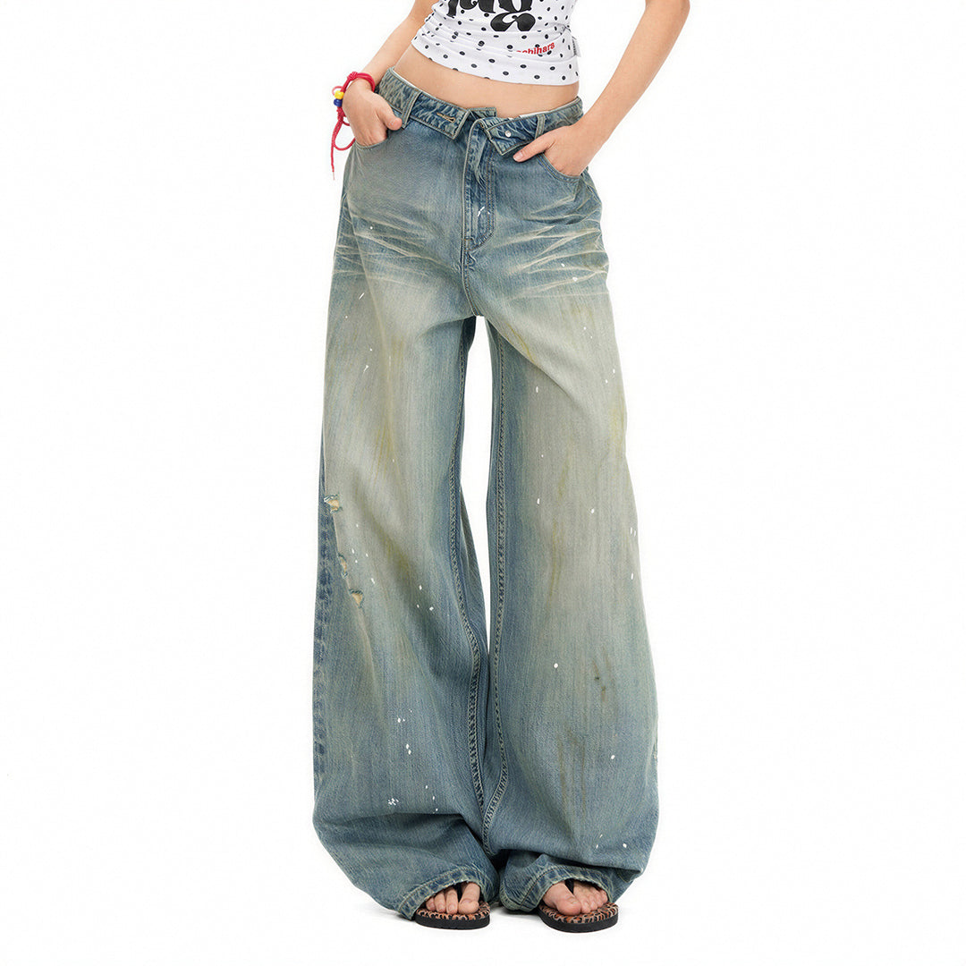 Women's Spring Distressed Splatter Wide-Leg Denim Jeans