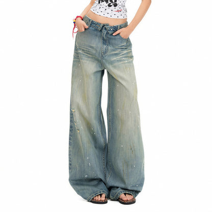 Women's Spring Distressed Splatter Wide-Leg Denim Jeans