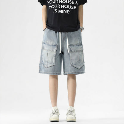 Men's Summer Light Wash Multi-Pocket Cargo Denim Shorts