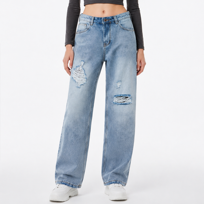 Women's High Waist Ripped Straight Leg Jeans
