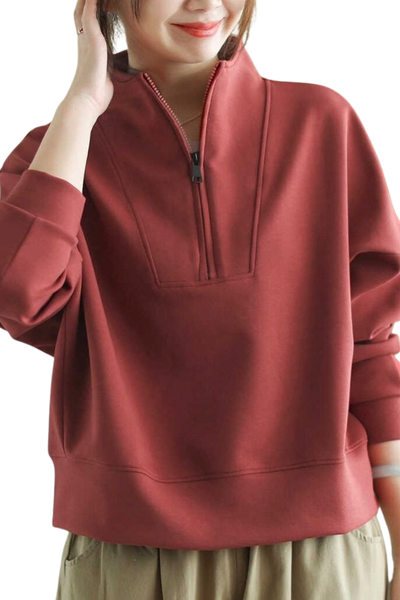 Women Fall Clothing Loose Cropped Half Zip Sweatshirt