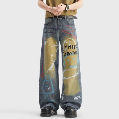Men's Spring Dark Blue Graffiti Print Wide Leg Denim Jeans
