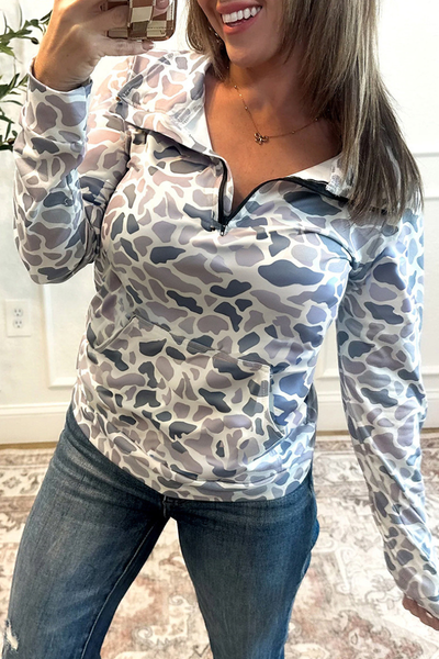 Women Fall Clothing Camo Quarter Zip Long Sleeve Top