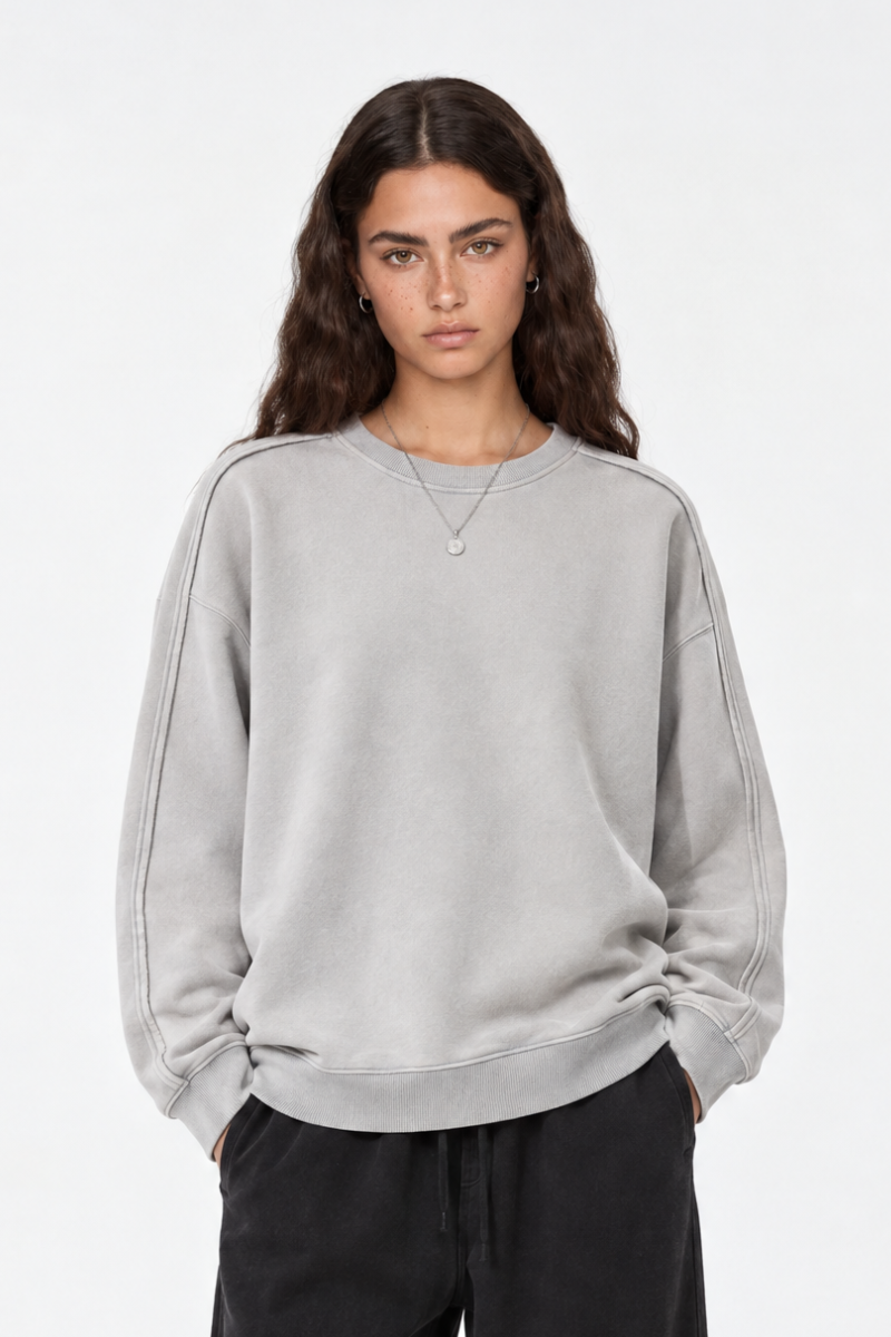 Women Fall Clothing Vintage Wax-Dyed Boxy Crew Sweatshirt