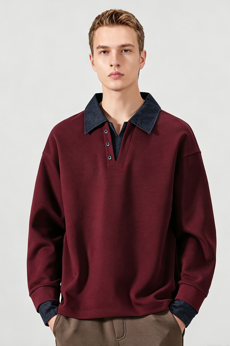 Men's Fall Winter Fleece-Lined Denim-Collar Polo Sweatshirt