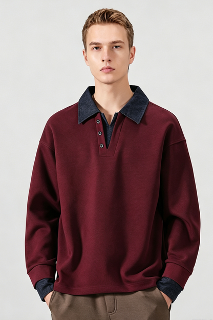 Men's Fall Winter Fleece-Lined Denim-Collar Polo Sweatshirt