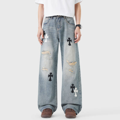 Men's Spring Light Blue Ripped Cross Patch Denim Jeans