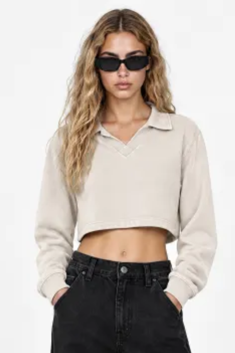 Women Fall Clothing Snow Washed Collared Crop Sweatshirt