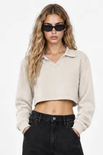 Women Fall Clothing Snow Washed Collared Crop Sweatshirt