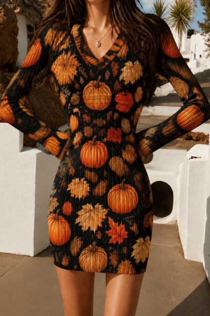 Women Fall Halloween Pumpkin Ribbed Bodycon Mini Dress