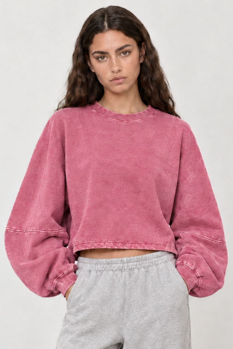 Women Fall Clothing Boxy Washed Raw Hem Cropped Sweatshirt