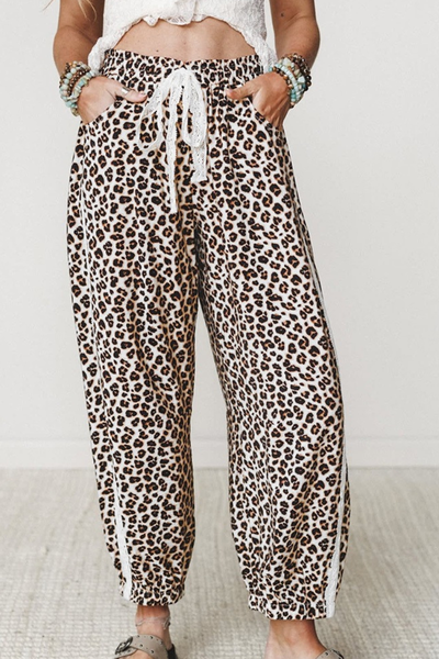 Women Spring Summer Leopard Print Lace Trim Jogger Pants