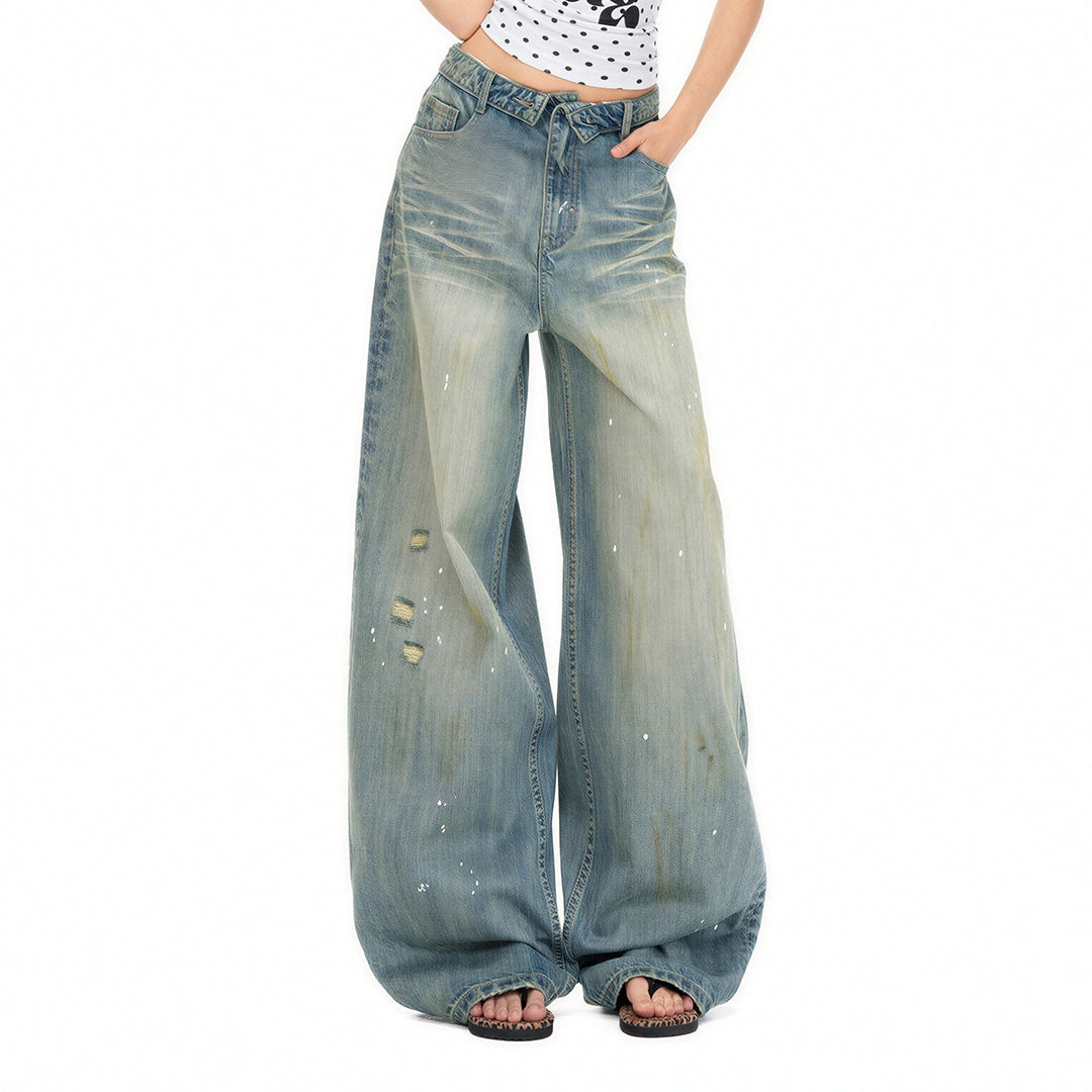 Women's Spring Distressed Splatter Wide-Leg Denim Jeans