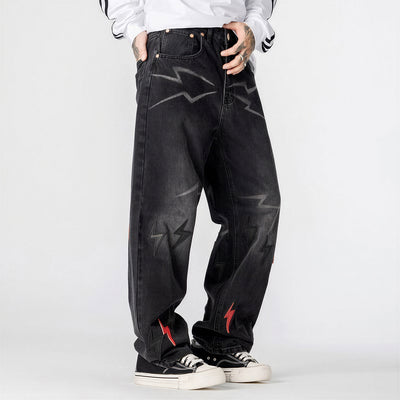 Men's Spring Washed Black Lightning Embroidery Jeans