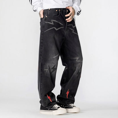Men's Spring Washed Black Lightning Embroidery Jeans