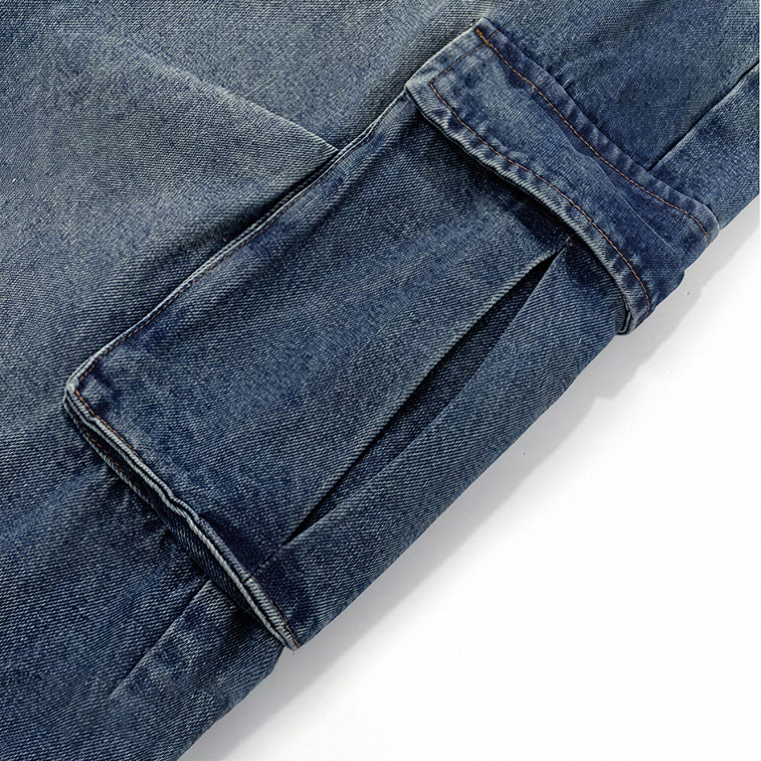 Men's Spring Vintage Blue Multi-Pocket Cargo Denim Jeans
