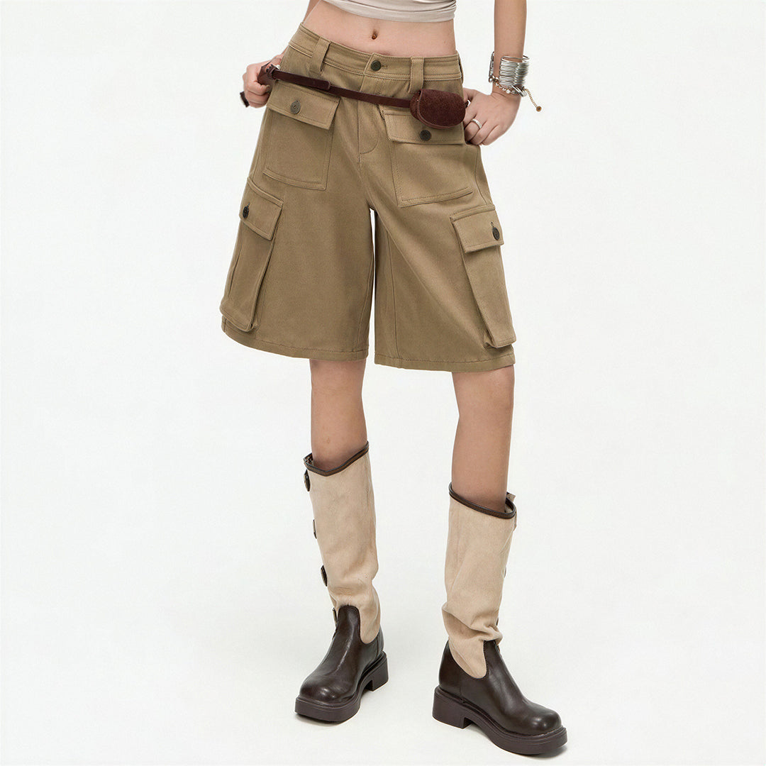 Women's Summer Khaki Multi-Pocket Cargo Denim Shorts