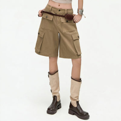 Women's Summer Khaki Multi-Pocket Cargo Denim Shorts