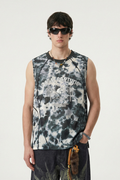 Men's Tie Dye Palm Print Mesh Seamless Sleeveless Tee